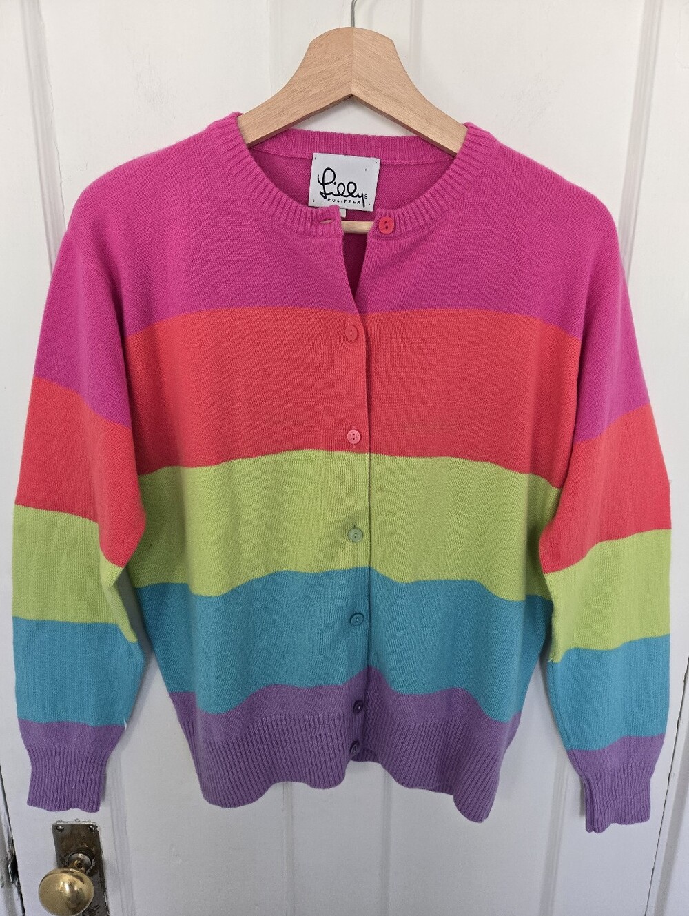 Vintage Lilly Pulitzer Women's Rainbow Cashmere Cardigan Size M Rare Preppy Pink